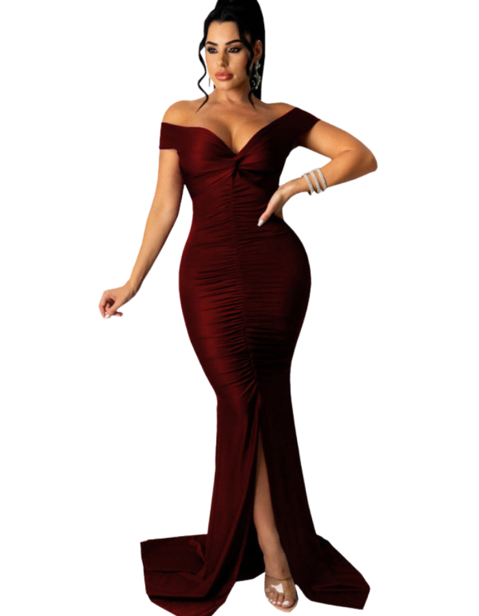 SHOPIQAT Women's Solid Colour Big V Neck Skinny Ruched Dress - Premium from shopiqat - Just $12.900! Shop now at shopiqat